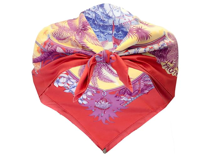 Autre Marque Hermès rouge / Écharpe carrée en sergé de soie violet multi Aloha Multicolore  ref.1316293
