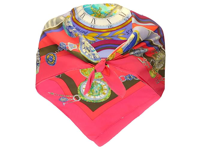Autre Marque Hermes Fuchsia Pink / Red Multi La Ronde des Heures Square Silk Twill Scarf Multiple colors  ref.1316296