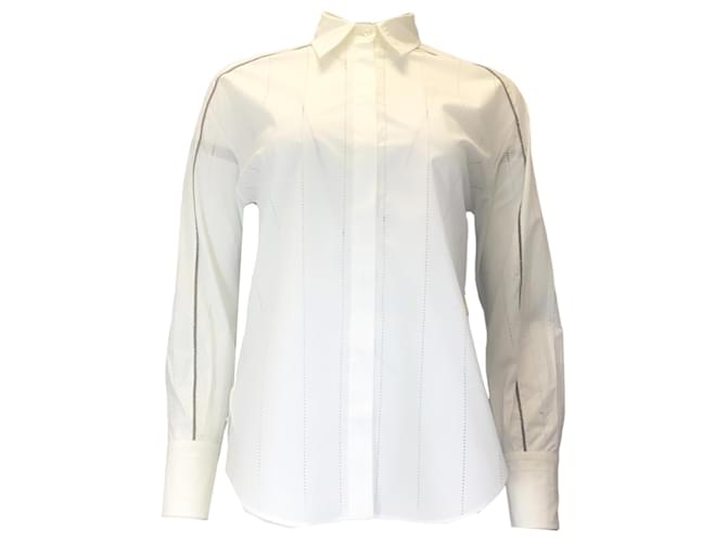 Autre Marque Brunello Cucinelli Blanco / Camisa de algodón con botones y detalle de cuentas de Monili plateado  ref.1316303