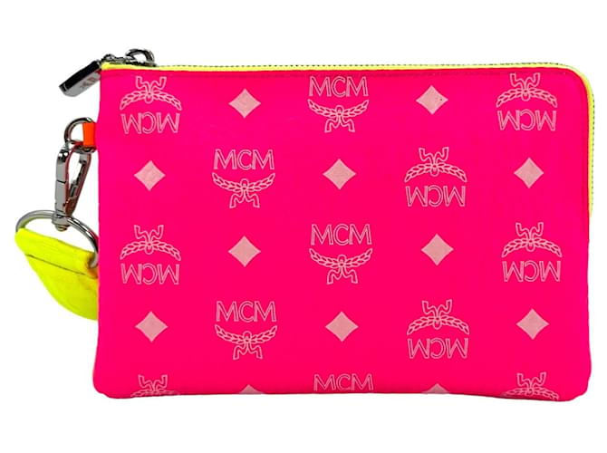 Pochette MCM en néon rose orange, trousse de maquillage, sac, logo imprimé, pochette.  ref.1316325