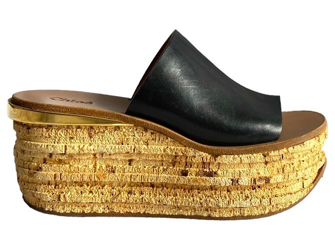 Chloé Black Leather Cork Wedge Platform Slide Sandals