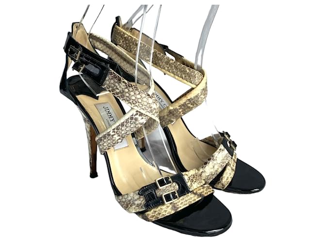 Jimmy Choo Sandalen Schwarz Beige Leder Lackleder  ref.1316386