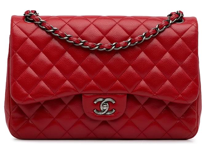 Chanel Red Jumbo Classic Caviar Double Flap Leather  ref.1316429