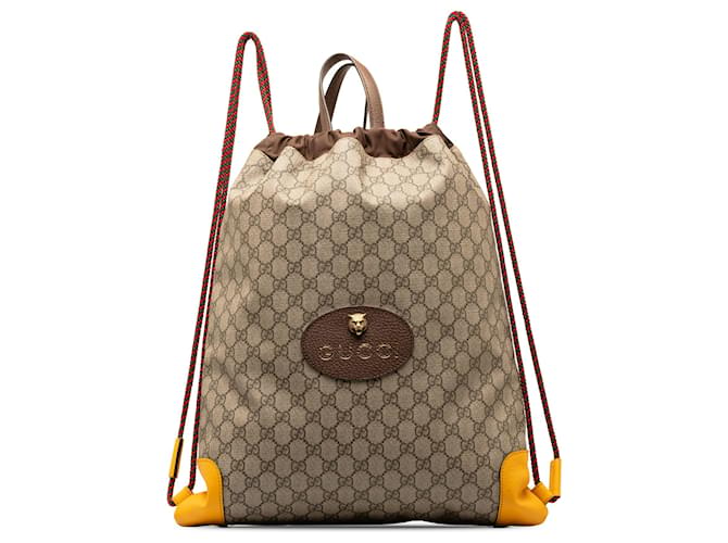 Gucci Brown GG Supreme Neo Vintage Drawstring Backpack Beige Pony-style calfskin Cloth  ref.1316451