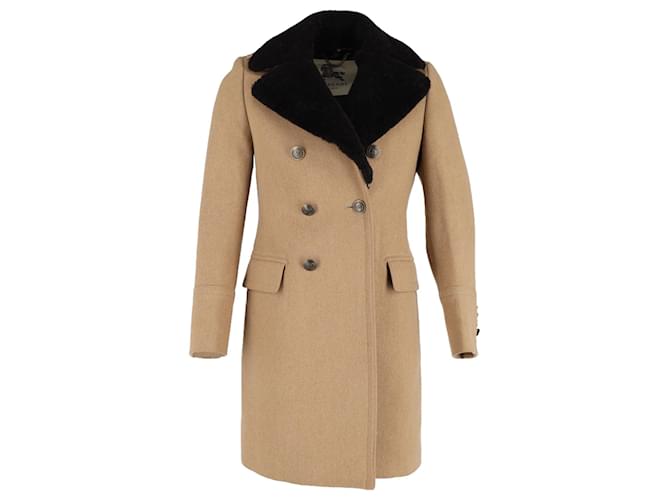 Burberry Shearling-Collar lined-Breasted Coat in Brown Wool  ref.1316516