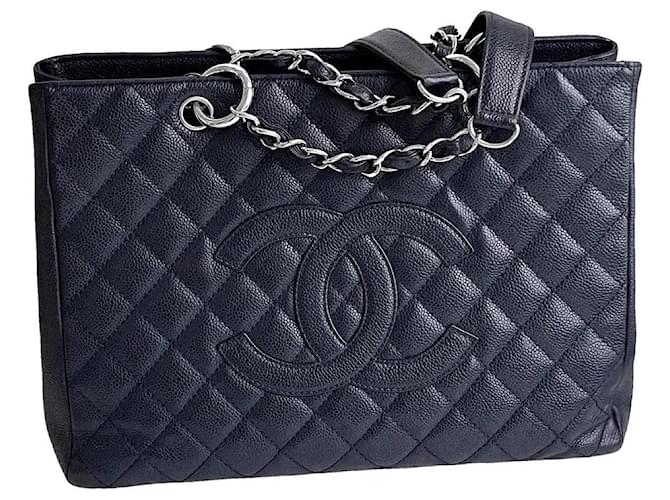 Chanel Saco de compras grande GST Azul Marinho Azul escuro Couro  ref.1316638