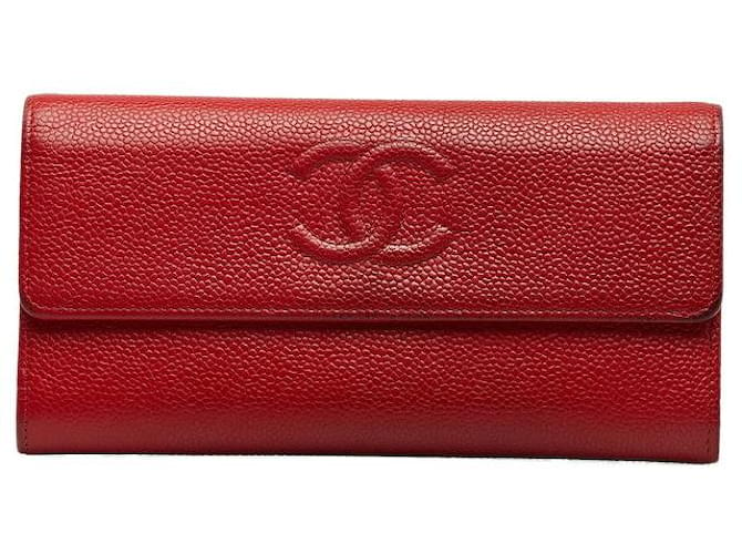 Chanel Portefeuille à rabat CC Caviar Rouge  ref.1316914