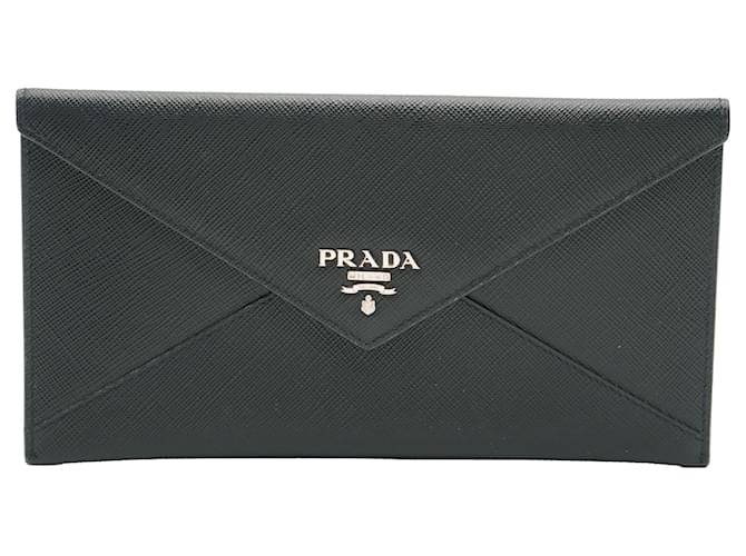 Prada Black Saffiano Envelope Slim Wallet Leather  ref.1316956
