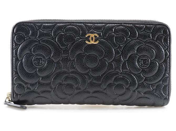 Chanel Portefeuille zippé CC Camellia en relief Veau façon poulain Noir  ref.1317115