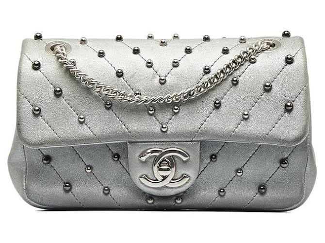 Chanel CC Chevron Studded Leather Flap Bag Silvery Pony-style calfskin  ref.1317120