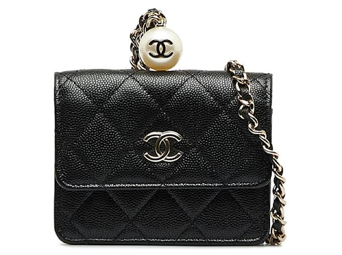 Chanel Gesteppte CC-Geldbörse mit Kaviarkette Schwarz  ref.1317121