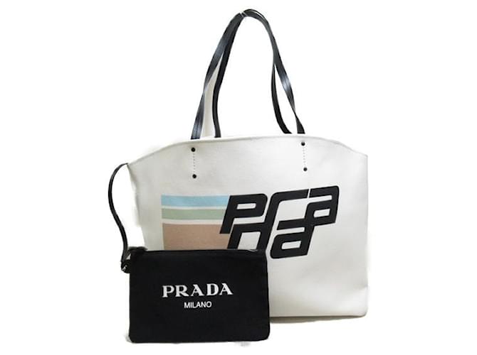 Prada Logo Printed Canvas Tote Bag White Cloth  ref.1317334