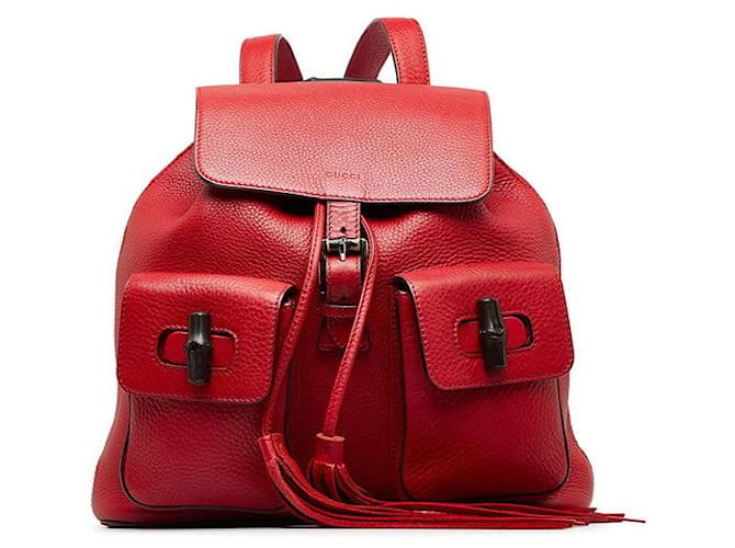 Gucci Leather Double Pocket Bamboo Backpack Red Pony-style calfskin  ref.1317600