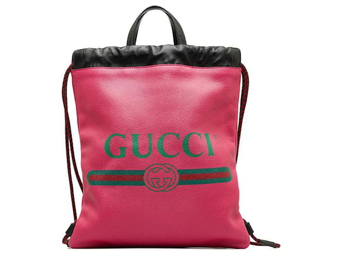 Gucci Leather Logo Drawstring Backpack Pink Pony-style calfskin  ref.1317601