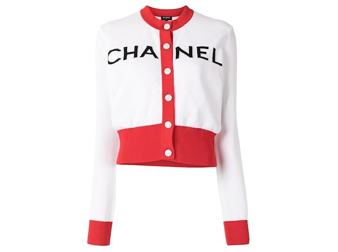 Chanel New Iconic 2019 Spring Logo Runway Cardigan White Cotton  ref.1317781