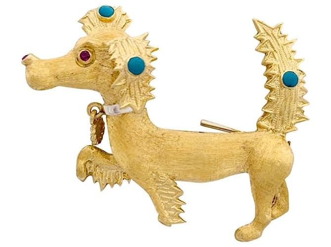 inconnue Broche vintage "Chien" deux ors, rubis, turquoise. Or blanc Or jaune  ref.1317805