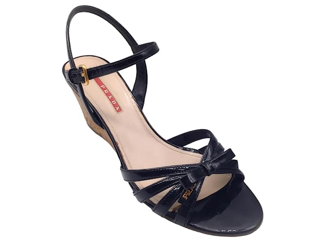 Autre Marque Prada Black Bow Detail Patent Leather Ankle Strap Cork Wedge Heel Sandals  ref.1317868