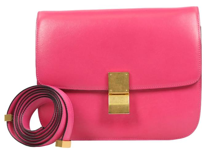 Classic Box Céline CELINE Bolsa clássica de couro de bezerro liso com aba em hibisco Rosa  ref.1317916