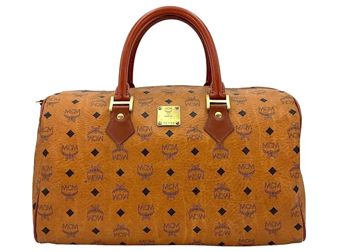 Sac à main vintage MCM Boston Bag 40 en cognac brun avec logo imprimé, idéal pour le week-end.  ref.1317929