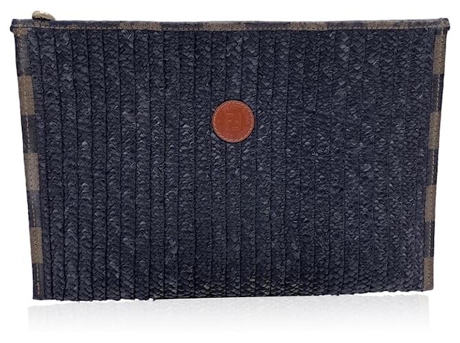 Pequin Fendi Vintage Schwarze gewebte Raffia Unisex Reißverschlusstasche Clutch Korb  ref.1317965
