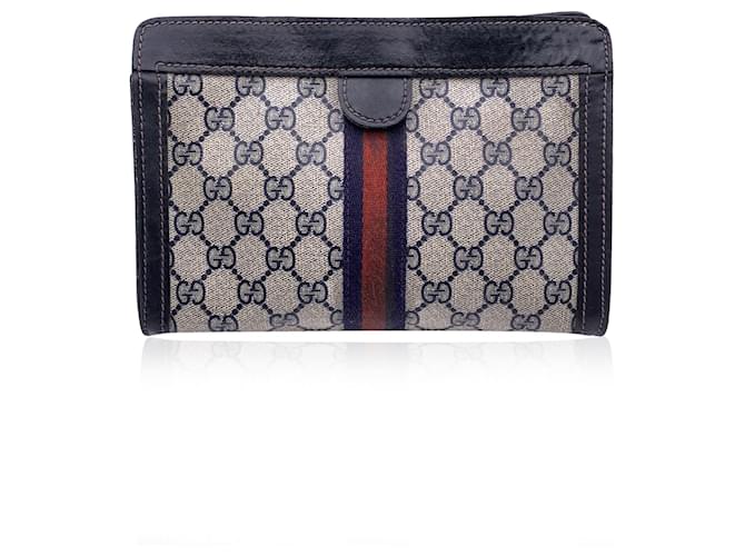 Gucci Vintage Blue Monogram Canvas Cosmetic Bag Small Clutch Stripes Cloth  ref.1317969
