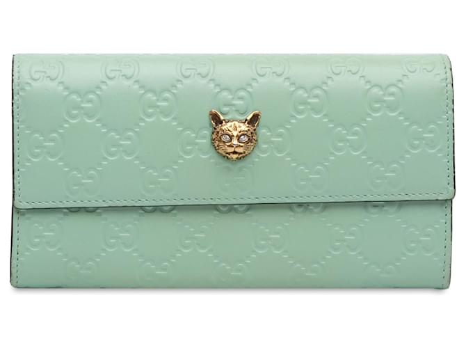 Gucci Green Guccissima Signature Crystal Cat Continental Wallet Light green Leather Pony-style calfskin  ref.1318173