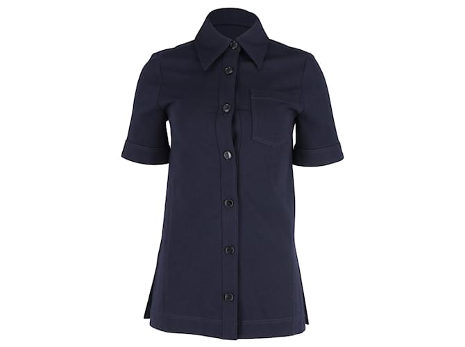 Victoria Beckham Button-Up Short-Sleeve Shirt in Navy Blue Cotton  ref.1318246