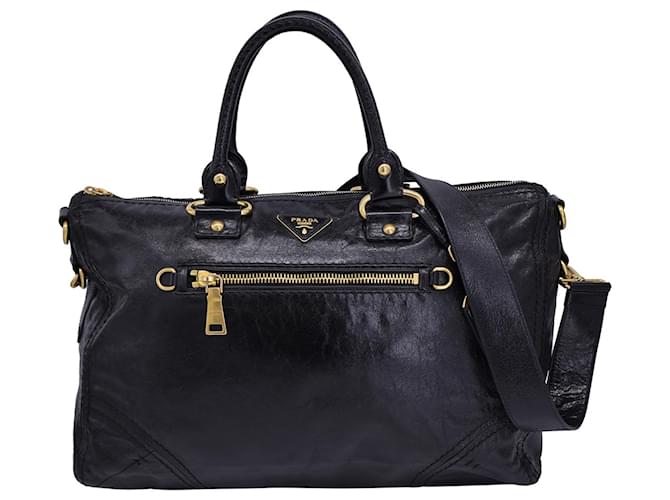 Prada Vitello Shine Handle Bag em couro preto Bezerro-como bezerro  ref.1318271