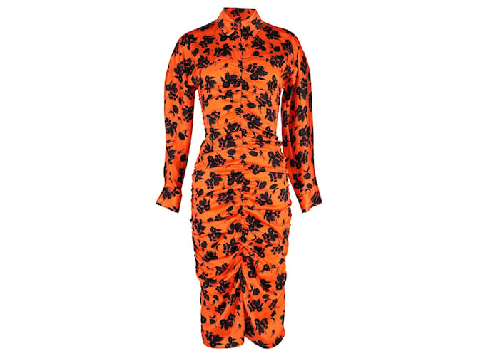 Ganni Ruched Floral-Print Midi Dress in Orange Silk  ref.1318279