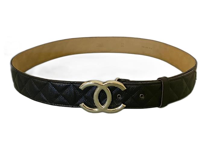 Chanel Cintura trapuntata in caviale nero Taglia 90/36 Fibbia CC argento lucido Pelle  ref.1318502