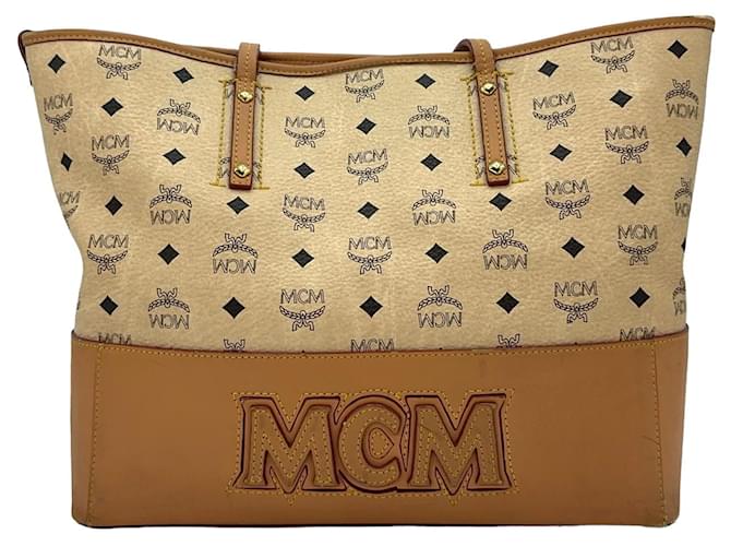 Bolsa Shopper MCM, bolsa de mão, bolsa de mão, marfim, marrom claro, estampa de logotipo.  ref.1318573