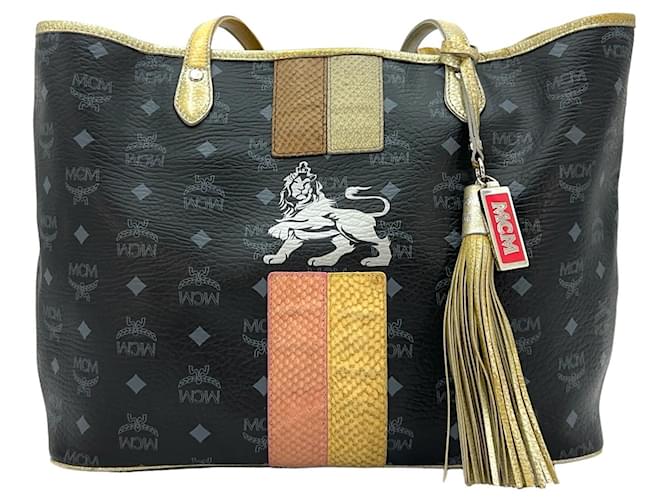 MCM Visetos Shopper Bag Black Lion Logo Print Handbag Medium  ref.1318582