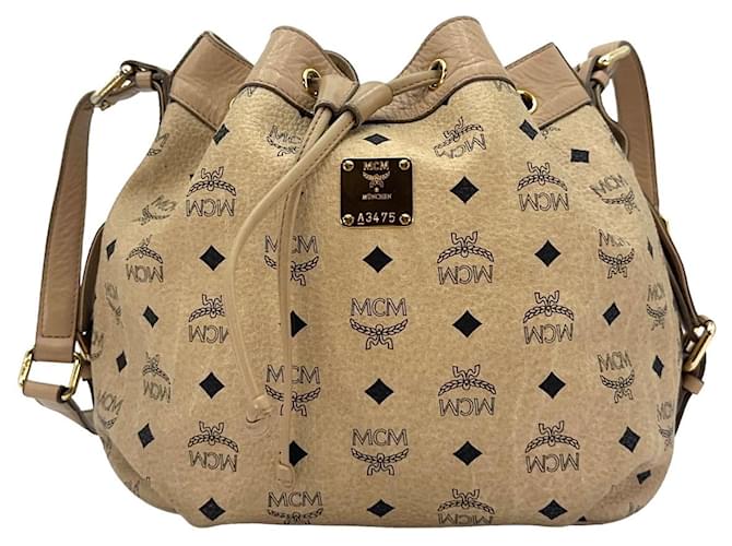 Sac à bandoulière MCM Bucket Drawstring Bag en ivoire avec logo imprimé taille moyenne  ref.1318585