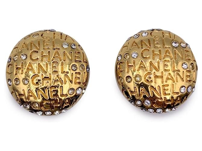 Chanel Vintage Gold Metal Crystals Round Signatures Clip On Earrings Golden  ref.1318759