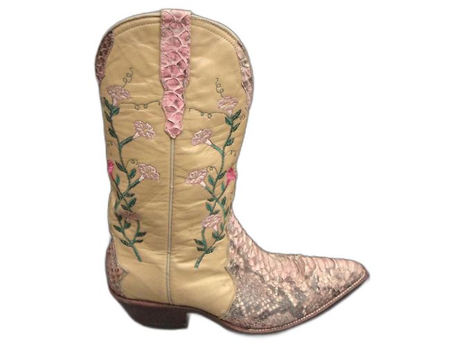 Autre Marque Botas Go West em couro de píton rosa e bege