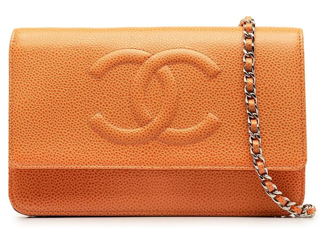 Wallet On Chain Carteira Chanel Orange CC Caviar na corrente Laranja Couro  ref.1318845