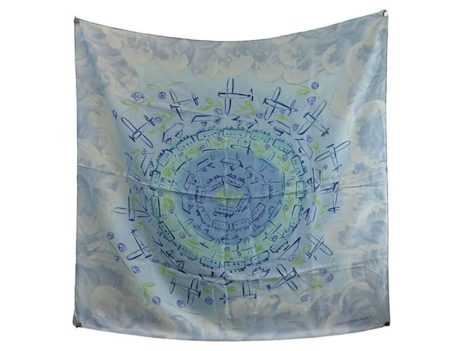 LOUIS VUITTON SCARF TRAVEL PLANES TRAINS BOATS SQUARE 90 BLUE SILK SCARF  ref.1318897