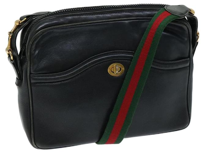 GUCCI Web Sherry Line Shoulder Bag Leather Black Red Green Auth ep3751  ref.1319088