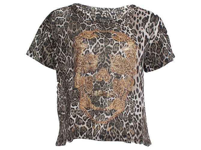 Philipp Plein, Tshirt with leopard print Brown Multiple colors