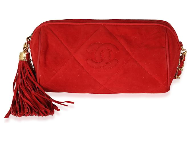 Pochette baril à pompons en daim rouge vintage Chanel Suede  ref.1319285