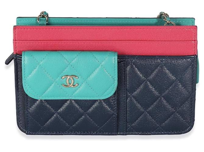 Wallet On Chain Chanel Tricolor Ziegenleder Geldbörse mit mehreren Taschen an Kette  Pink Blau Grün  ref.1319325