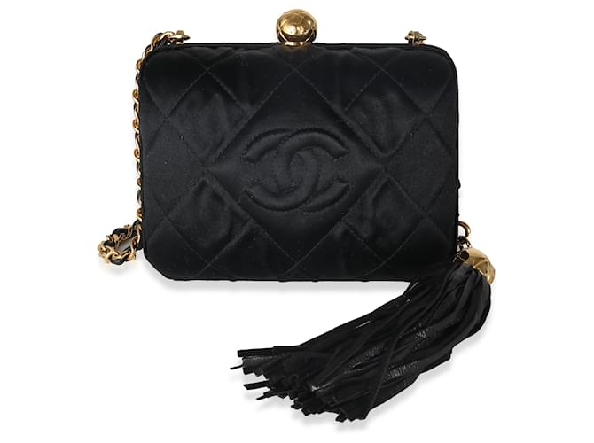 Chanel Black Quilted Satin CC Tassel Box Clutch Cloth  ref.1319375