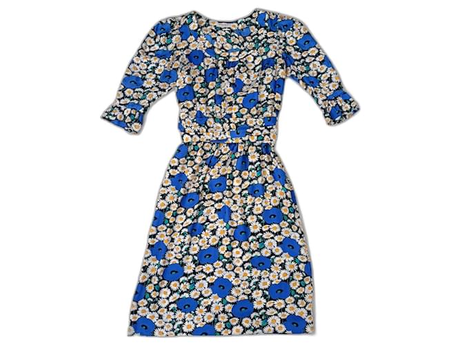 Daisy dress made in silk Yves Saint Laurent vintage Blue Multiple colors  ref.1319396