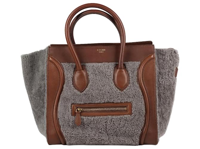 Céline CELINE Grey Shearling And Brown Leather Mini Luggage Tote Bag  ref.1319437