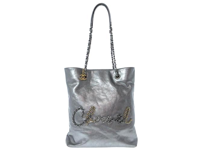 Chanel Silver Written In Chain Metallic Tote Silvery Leather Pony-style calfskin  ref.1319642