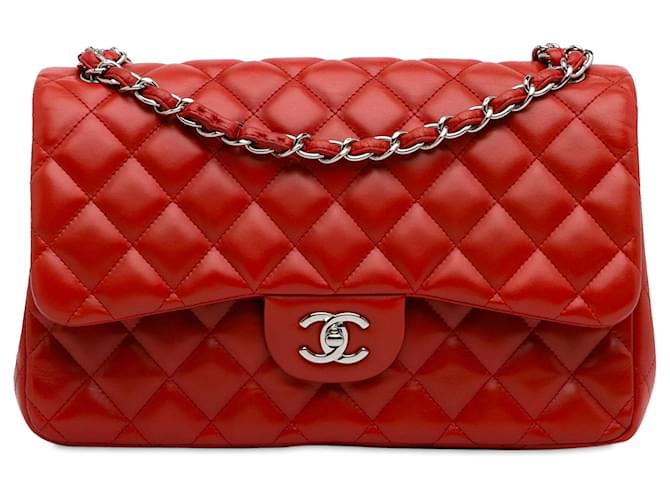 Chanel Red Jumbo Classic Lambskin Double Flap Leather  ref.1319644