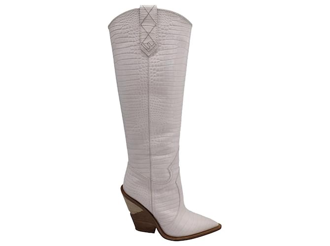 Fendi Croc-Effect Knee-High Boots in White Leather Cream  ref.1319714
