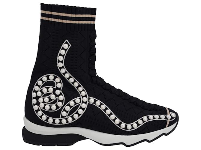 Fendi Rockoko Pearly Beaded Knit Sock Sneakers aus schwarzem Nylon  ref.1319715