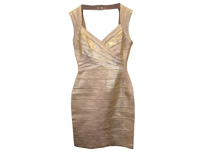 Herve Leger Bandage Dress in Gold Rayon Golden Cellulose fibre  ref.1319731