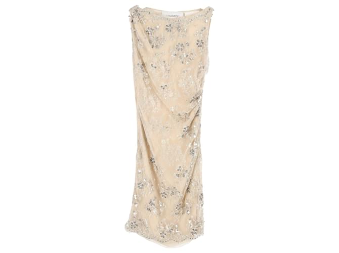 Valentino Garavani Valentino Embellished Ruched Sleeveless Dress in Beige Floral Polyester Lace  White Cream  ref.1319742